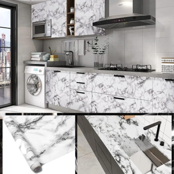 Self Adhesive White Marble Sheet Sticker For Kitchen, Cupboard, Wall – Anti Oil And Heat Resistant Wallpaper – 02 Meter